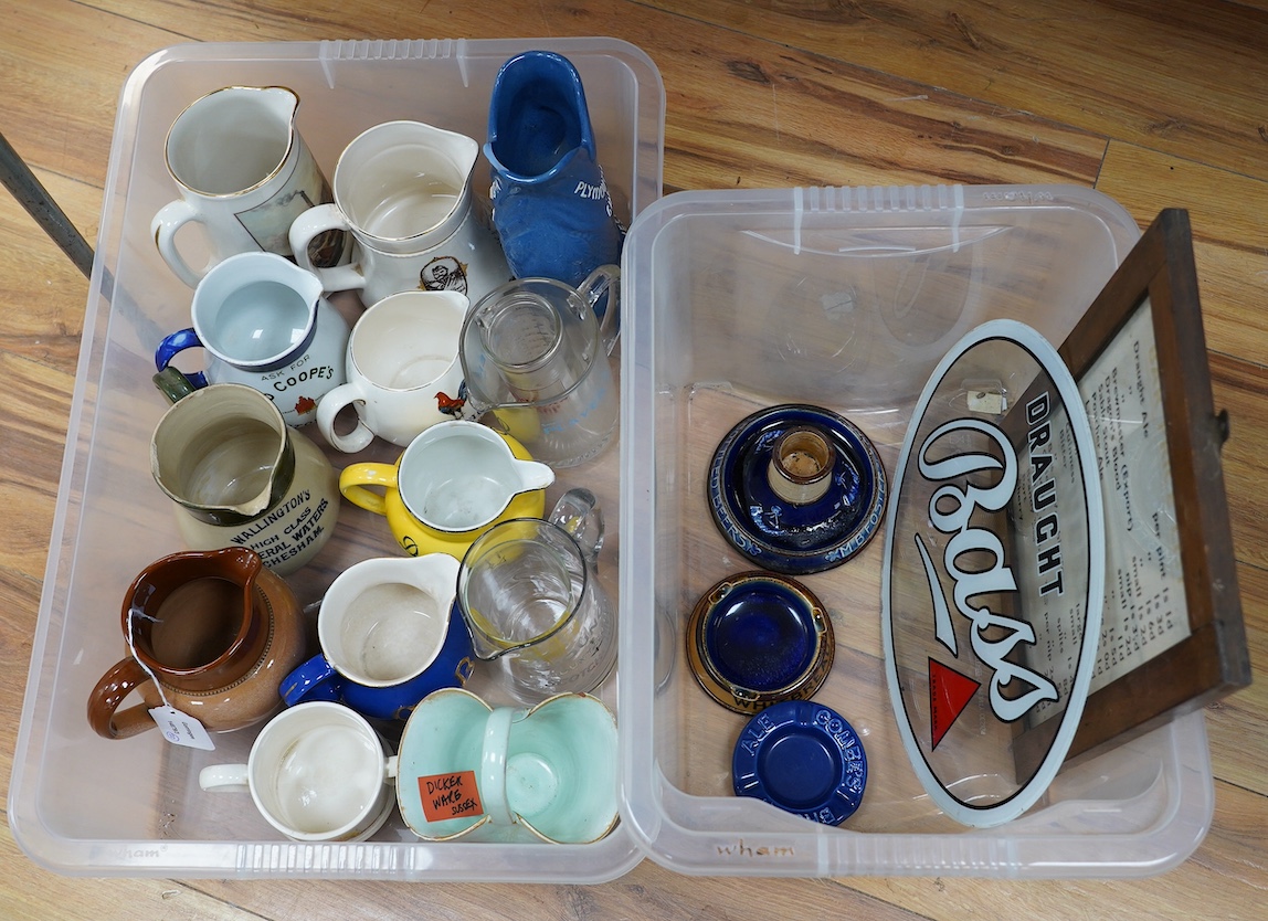 Twenty ceramic jugs, etc. most with advertising for breweries, marked for measures, etc. including a Bass brewery glass panel, pre-decimal framed price list, etc. Condition - varies, some chipping
